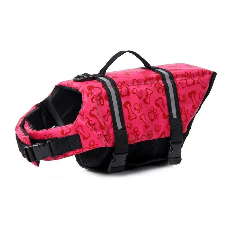 Close-up on the quality stitching and reflective material of a dog safety swim vest