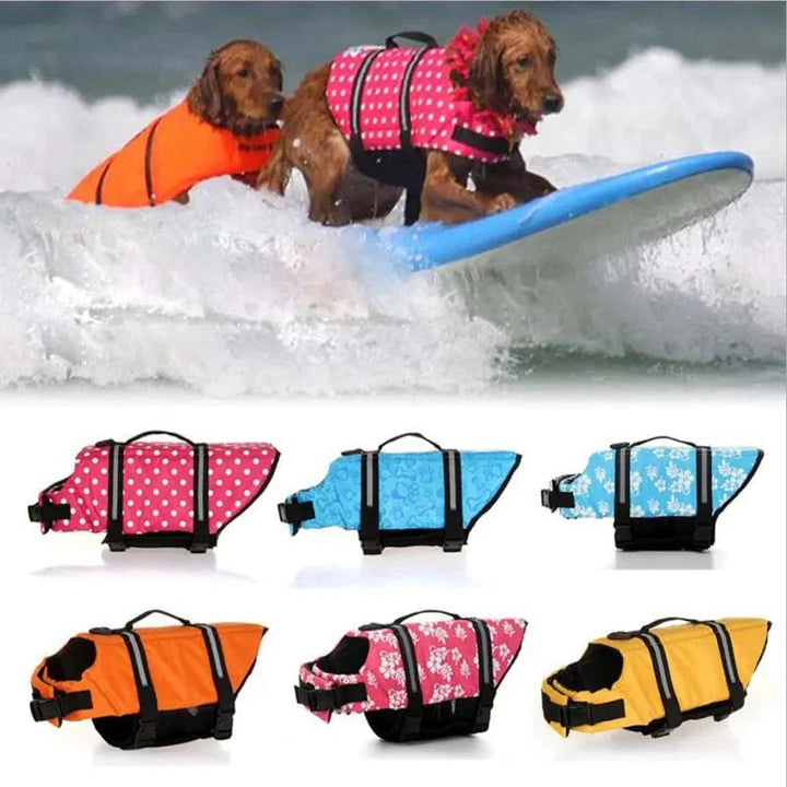 Orange reflective dog life jacket for swimming with top handle and adjustable buckles