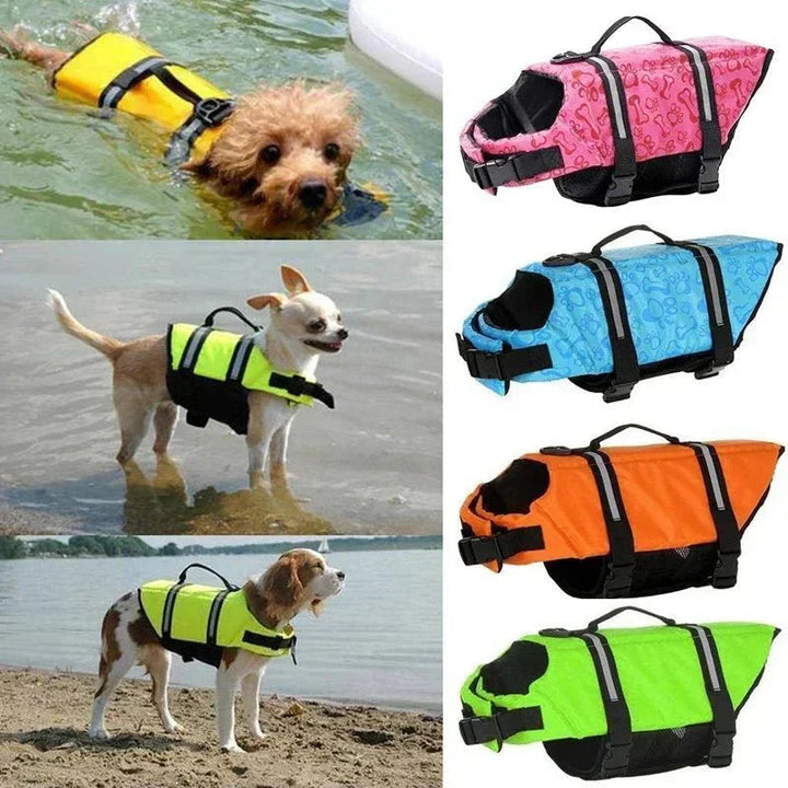 Side view of a reflective dog swim vest highlighting the secure adjustable straps