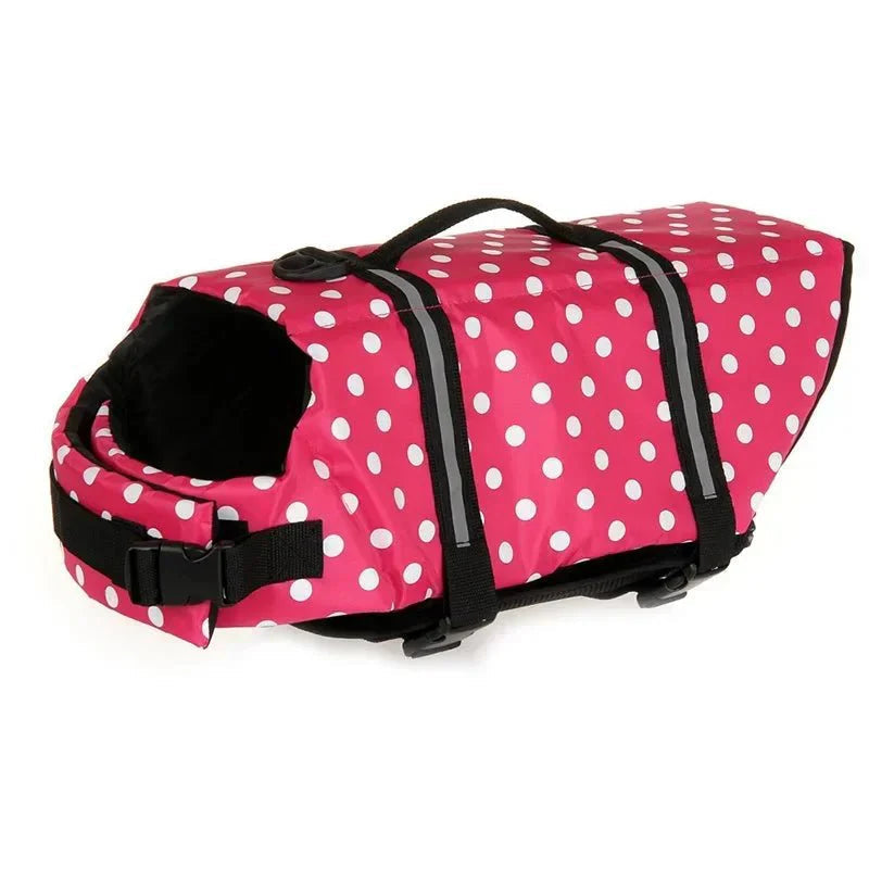 Detail of the adjustable buckle on a reflective dog life jacket for a custom fit