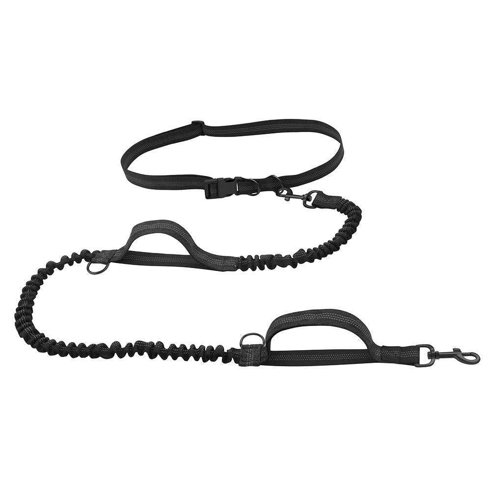 Reflective double dog leash for walking two pets, black nylon with comfortable, shock-absorbing grip.
