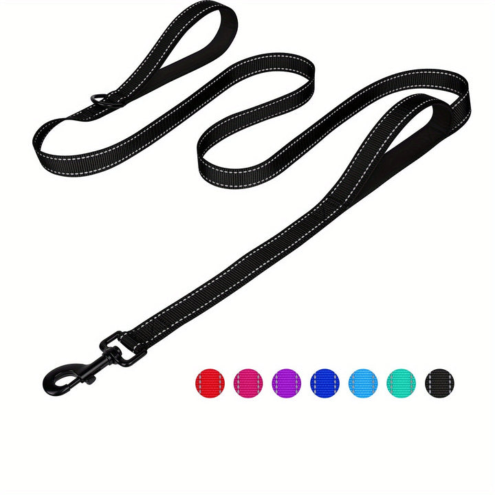 Durable reflective dog leash with two padded handles, perfect for large dogs, enhanced night visibility.