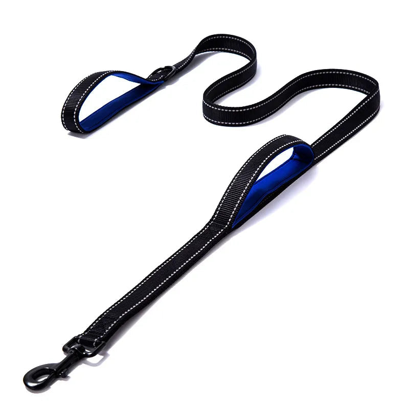 Heavy-duty double handle dog leash, reflective stitching for night safety, ideal for large pets.