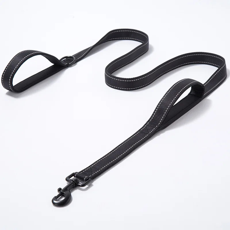 Large dog reflective leash, double padded handles for control, strong polyester pet supplies.
