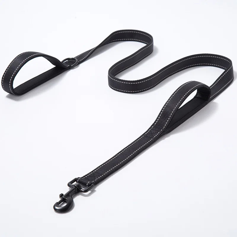 Reflective double-handle dog leash for safety and control during night walks, durable pet walking gear.