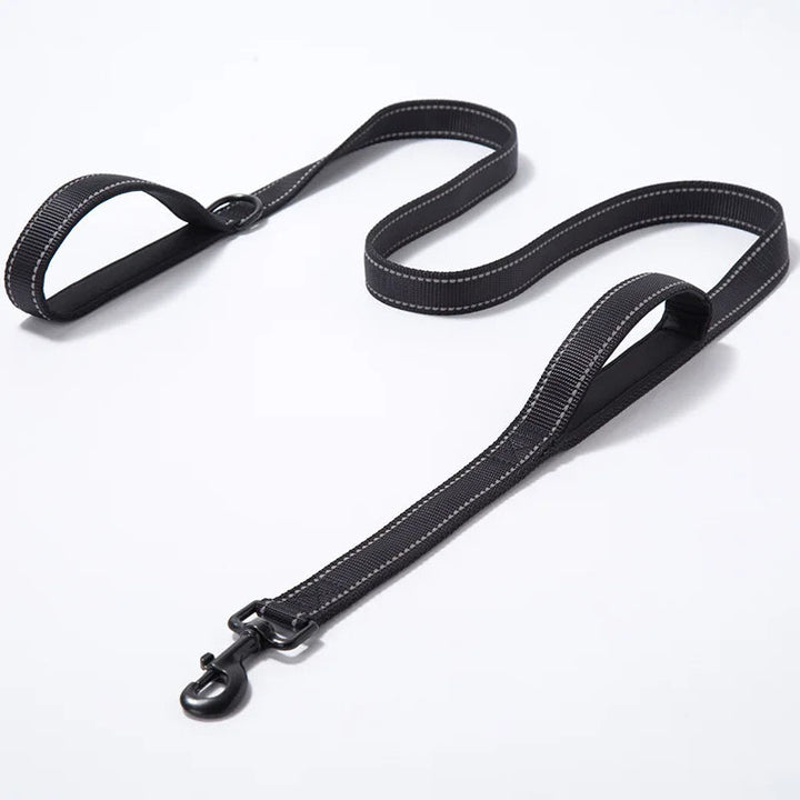 Reflective double-handle dog leash for safety and control during night walks, durable pet walking gear.