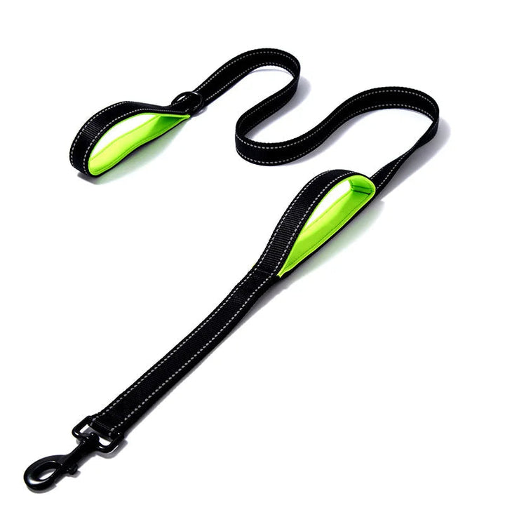 Reflective safety dog leash designed with two handles for superior control and comfort during walks.