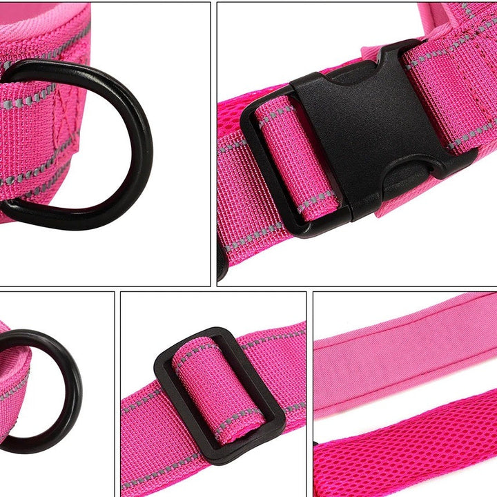 Close up of sturdy handle on a reflective no pull dog harness, showing durable stitching and buckles