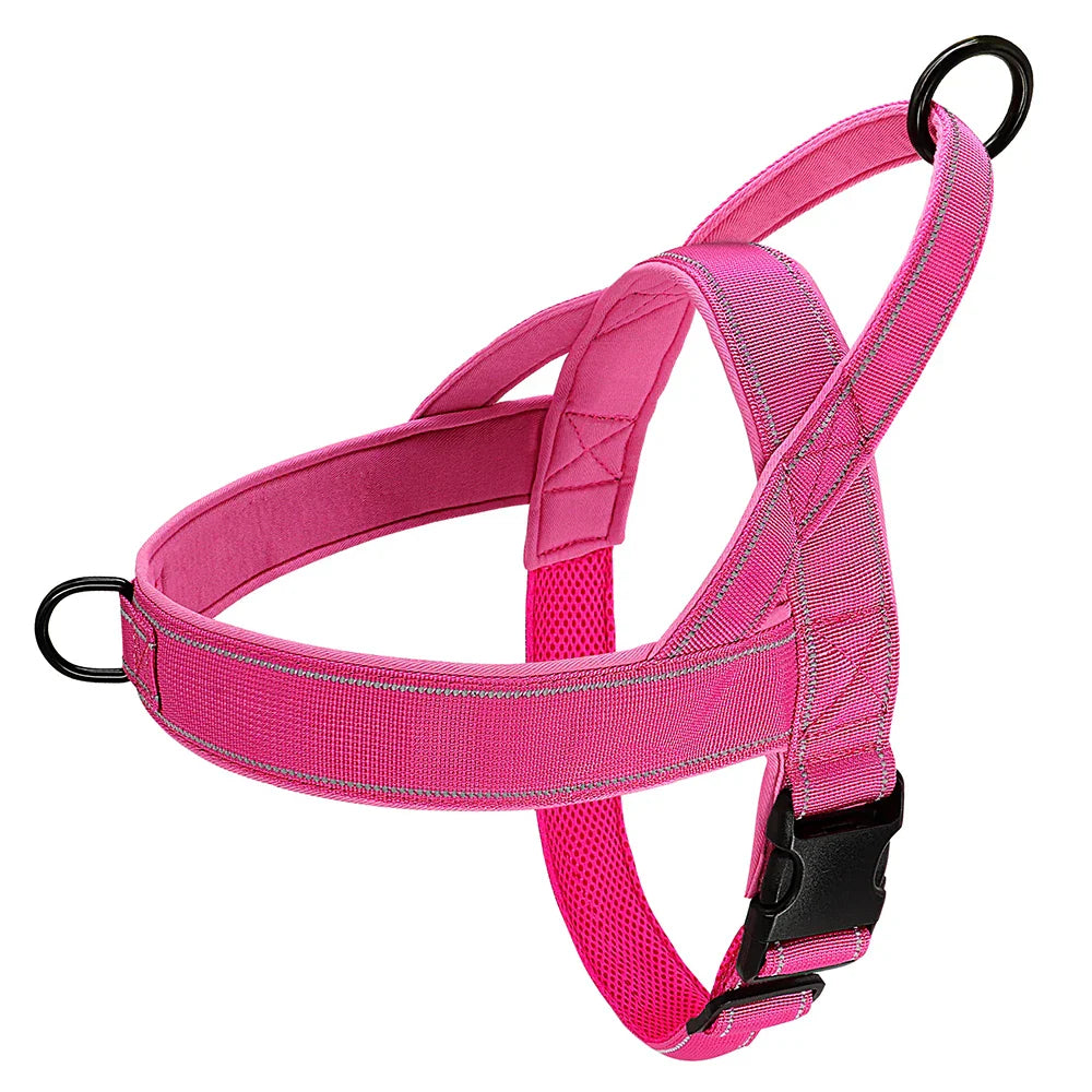 High-quality reflective dog harness in purple, featuring adjustable straps for a secure, comfortable fit