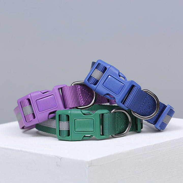 Reflective dog collar with strong D-ring for leash attachment, durable pet supplies.
