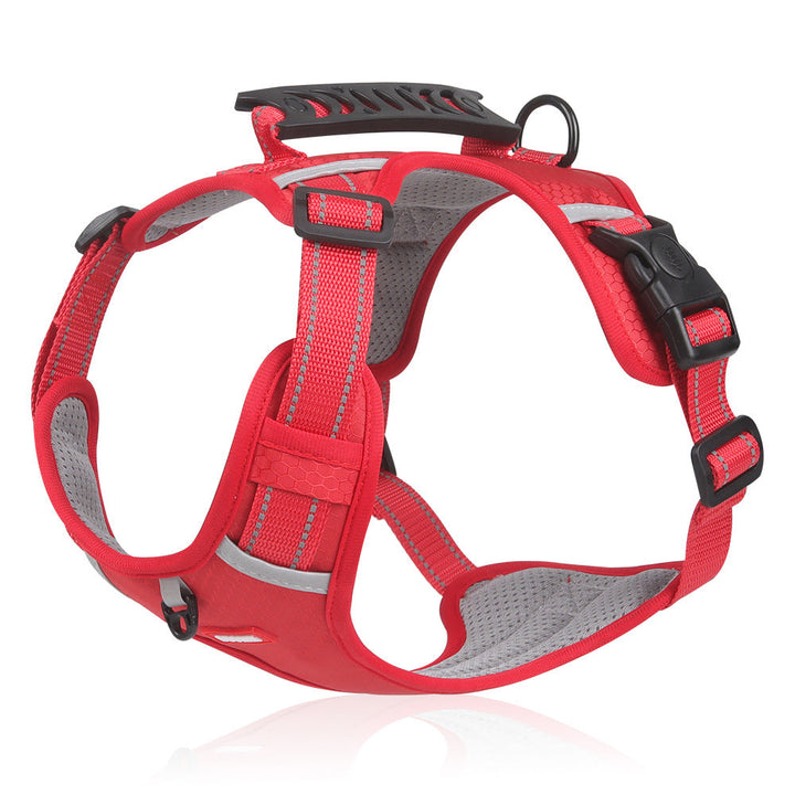 Side view of a reflective no-pull dog harness designed for enhanced pet safety and control