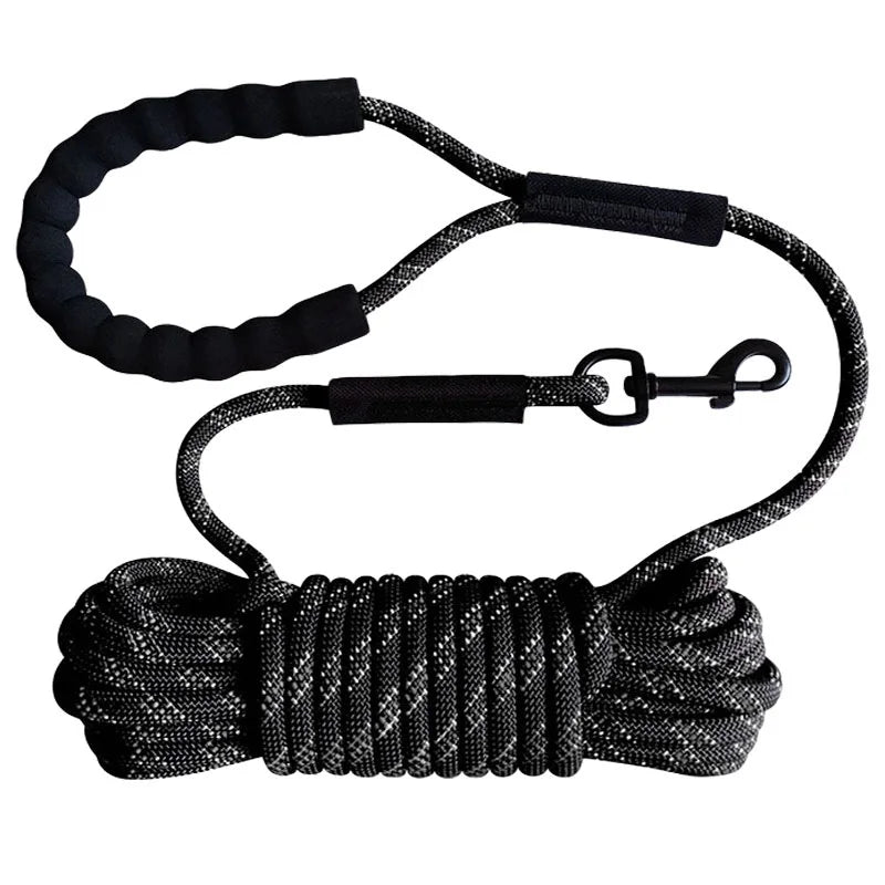 Long 6ft reflective dog leash, black nylon, with ergonomic padded handle for pet safety & control