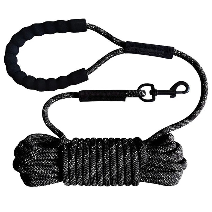 Long 6ft reflective dog leash, black nylon, with ergonomic padded handle for pet safety & control