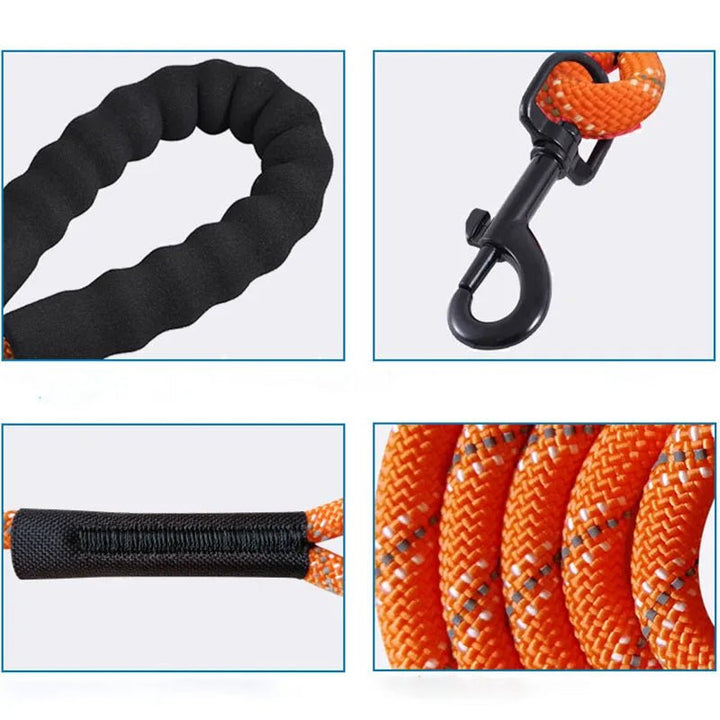 Close-up of reflective stitching on black nylon dog leash with soft comfort handle for outdoor gear
