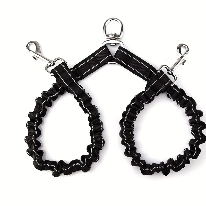 Reflective nylon double dog leash with tangle-free swivel for walking two dogs safely