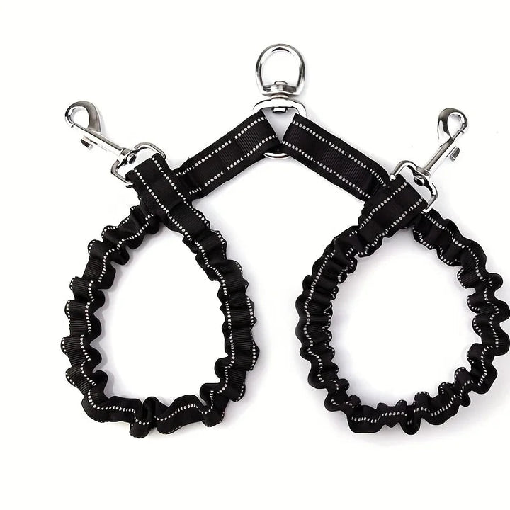 Reflective nylon double dog leash with tangle-free swivel for walking two dogs safely