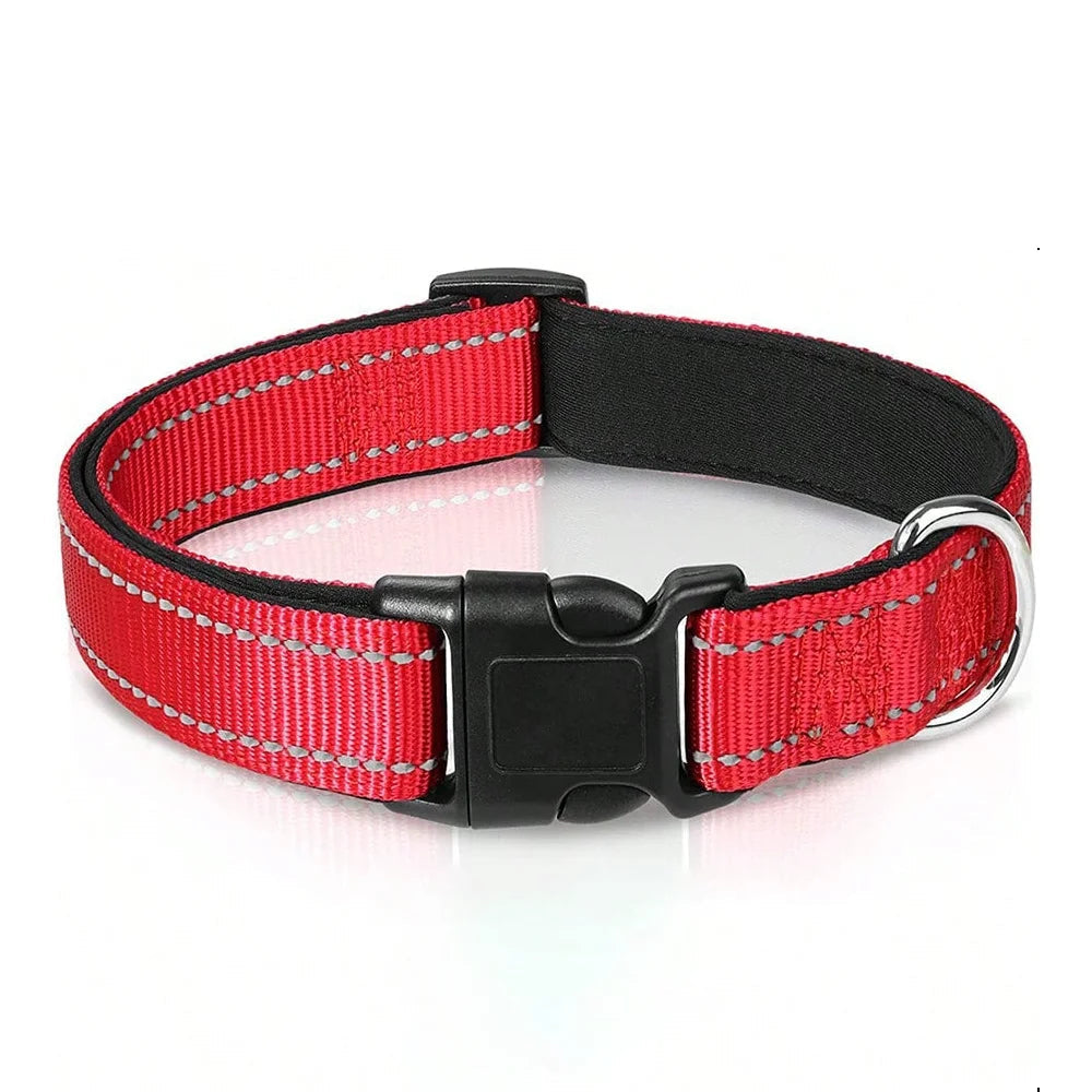 Unisex dog collar, reflective strip enhances visibility, breathable padding for all-day wear.