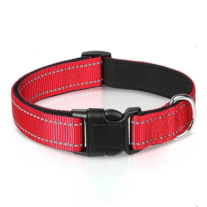 Unisex dog collar, reflective strip enhances visibility, breathable padding for all-day wear.