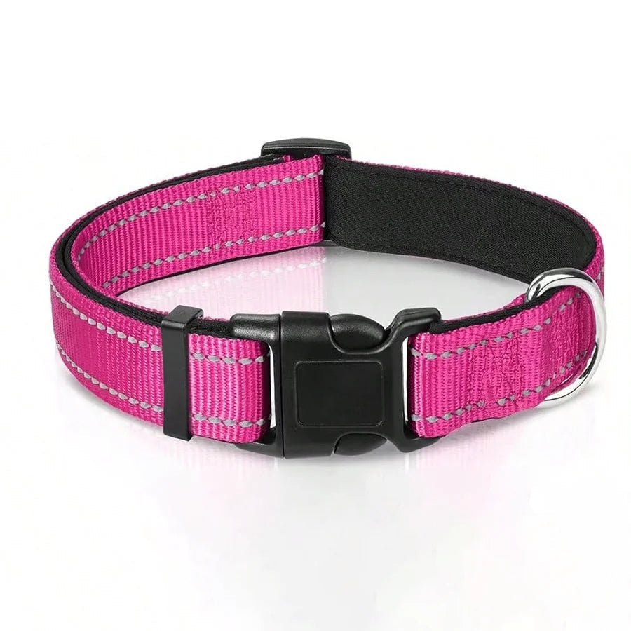 Comfortable reflective dog collar with adjustable straps, ideal for safe nighttime adventures with your pet.