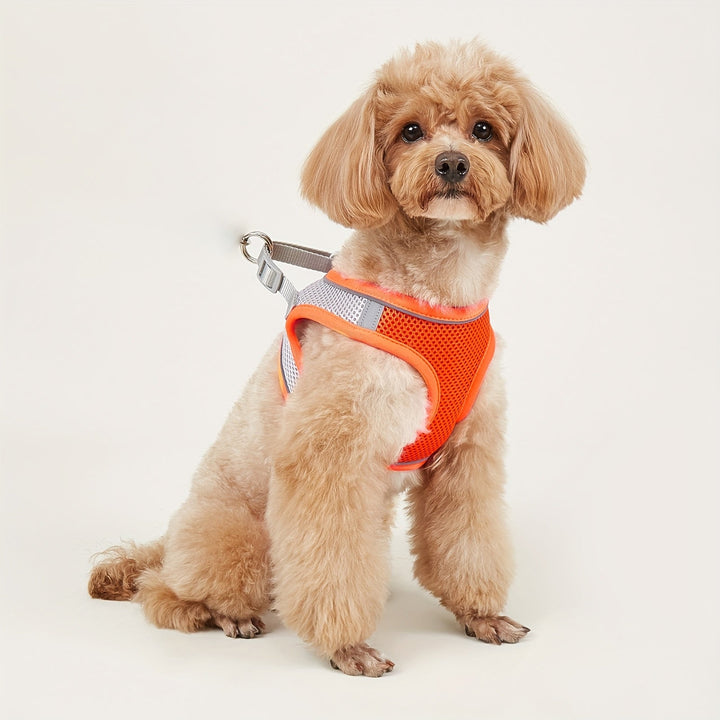 Adjustable reflective soft mesh pet harness in purple, showing secure buckle and D-ring.