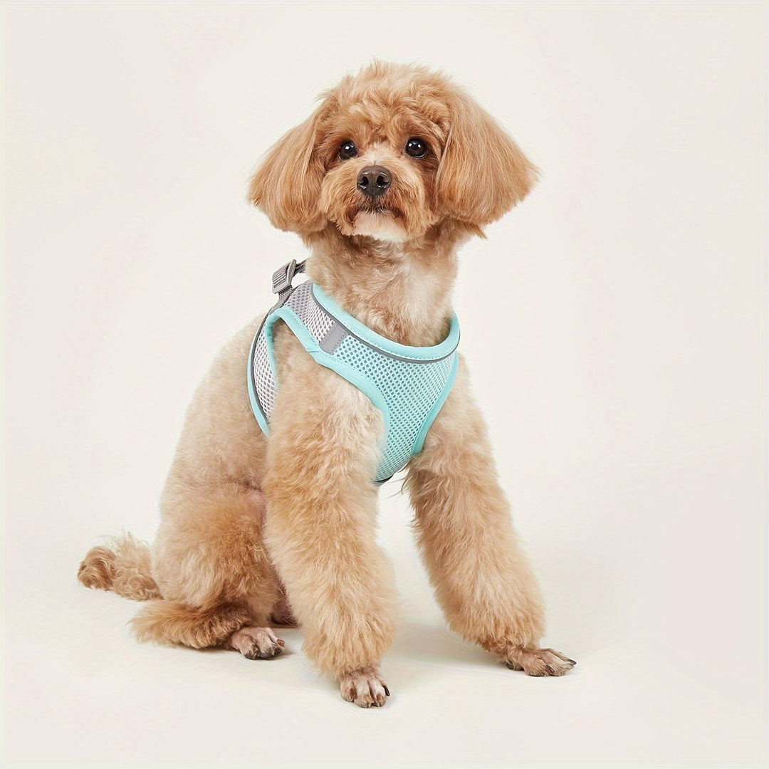 Lightweight green reflective mesh pet harness for small cats & dogs, easy to put on and take off.