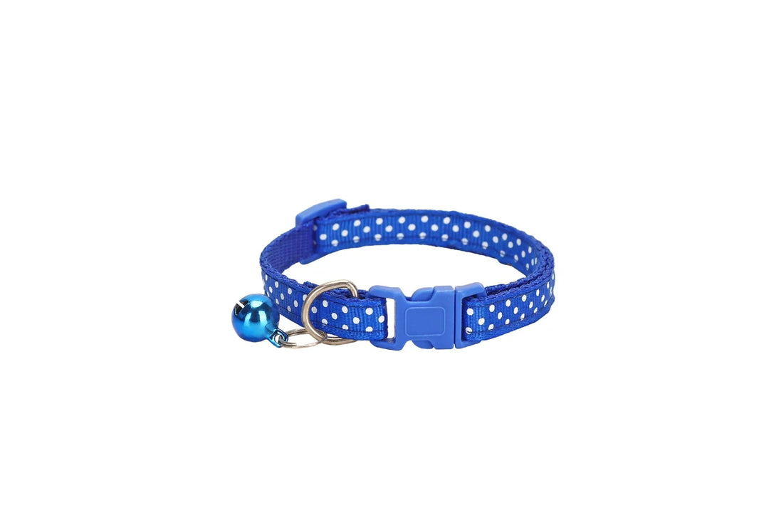 Reflective polka dot pet collar on a model dog, demonstrating adjustable fit and comfort