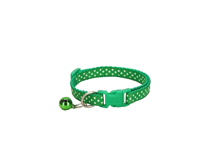 Black adjustable pet collar with reflective polka dots, designed for enhanced visibility at night