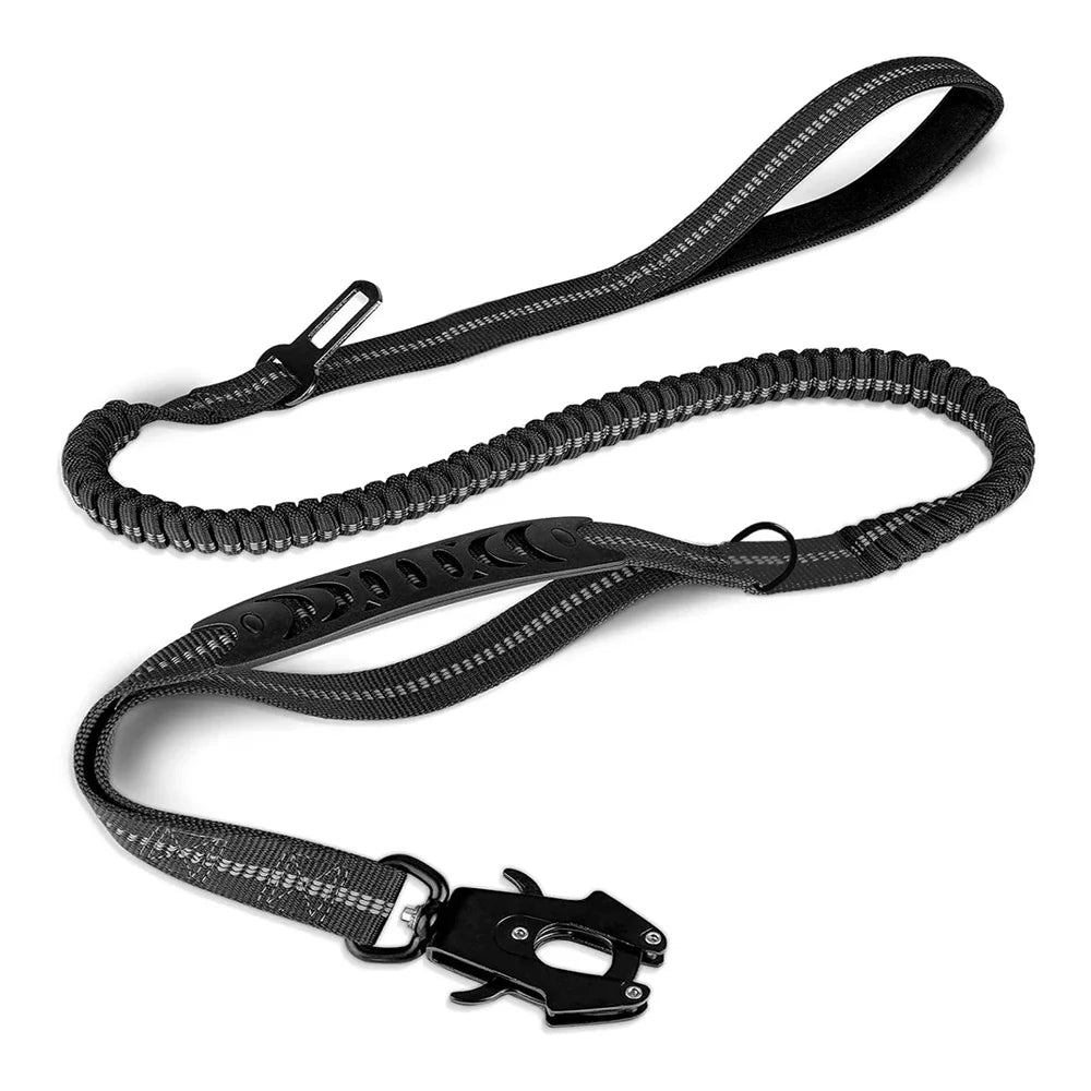 Unisex tactical bungee dog leash, highly reflective for night walks, with integrated seat belt
