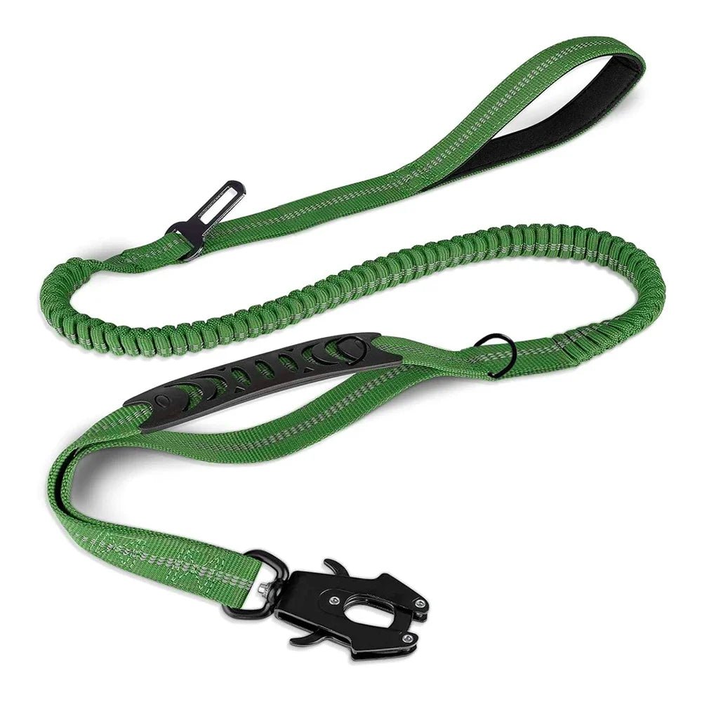 Heavy-duty dog leash, black tactical bungee style, with car safety strap for large pets