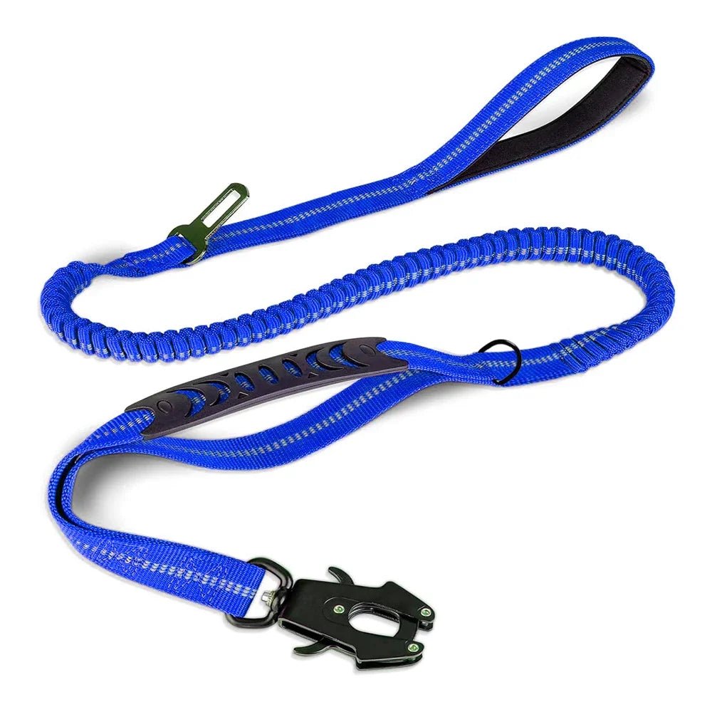 Highly visible reflective bungee dog leash with built-in car seat belt buckle for pet travel