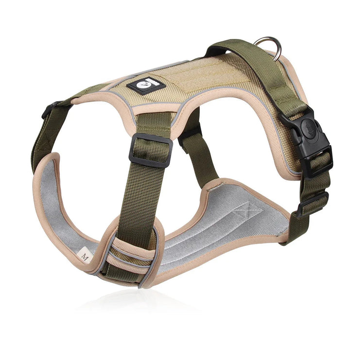 Reflective tactical dog harness in black, adjustable for canine control and outdoor adventures.