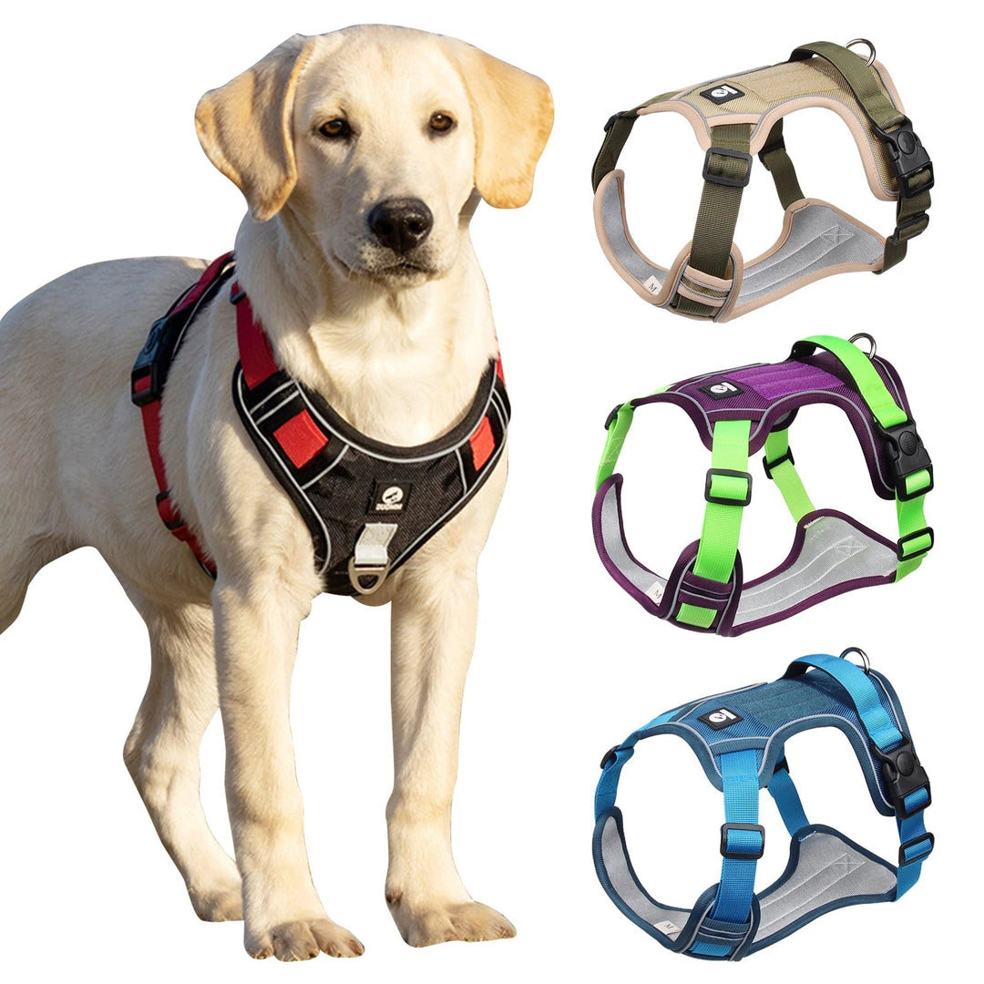 Waterproof tactical dog harness with reflective strips, ideal for pet adventure gear and safety.