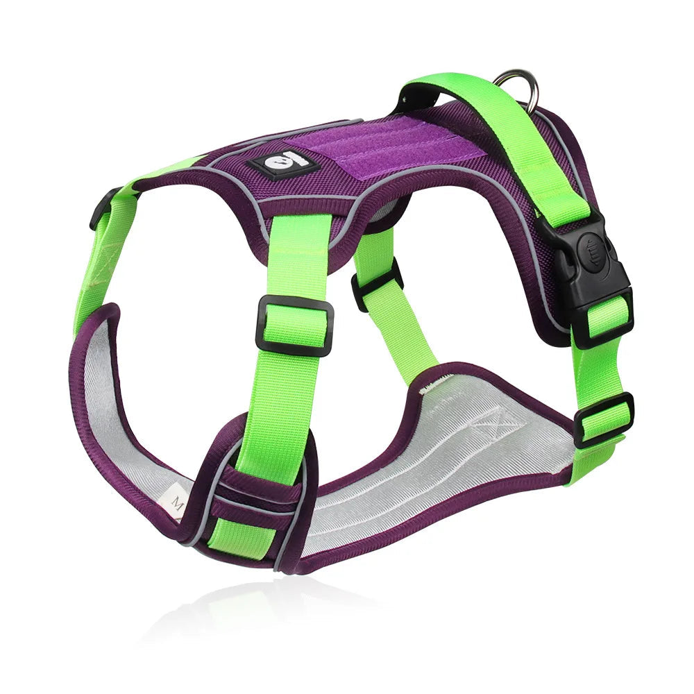Durable black tactical dog harness with metal buckles, designed for canine control and comfort.