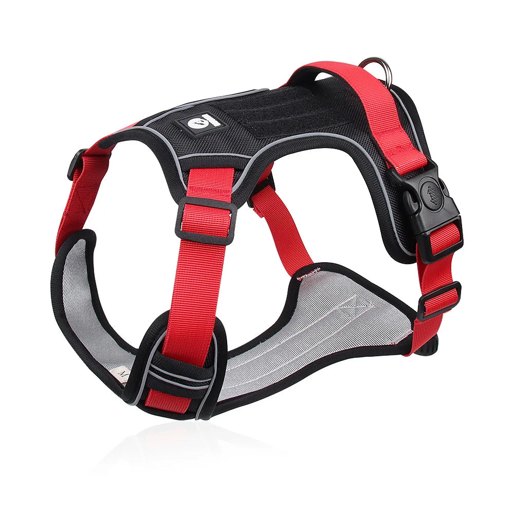 Side view of a tough, reflective tactical dog harness with multiple attachment points for control.