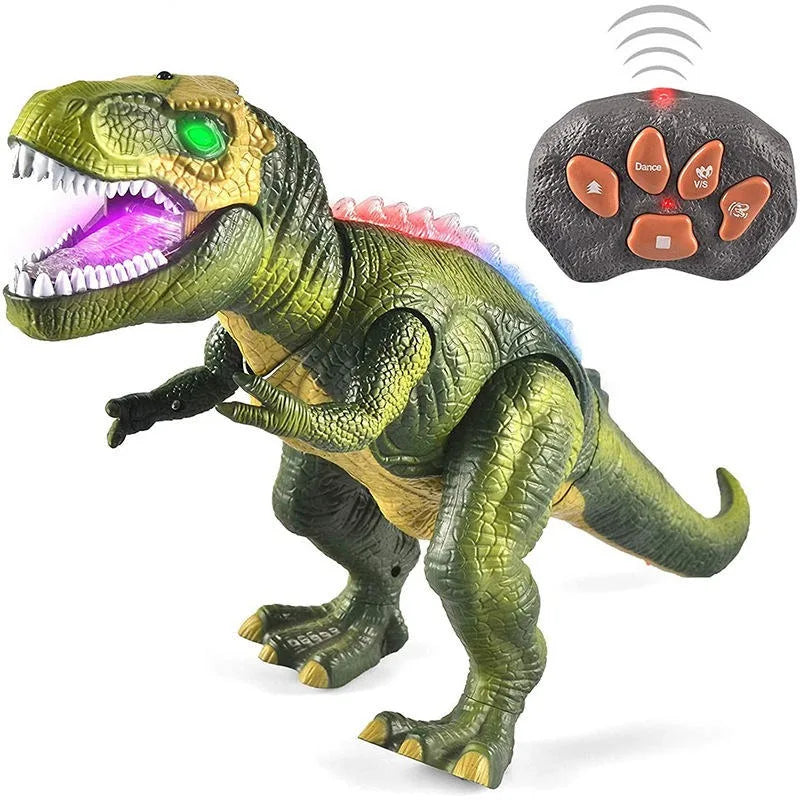 Remote control T-Rex dinosaur toy for kids with walking action, roaring sounds, and light-up eyes. Fun RC dino gift.
