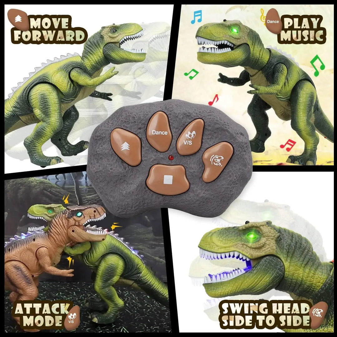 Kids' remote control T-Rex dinosaur toy featuring realistic roars, walking movement, and glowing LED lights. Interactive fun.