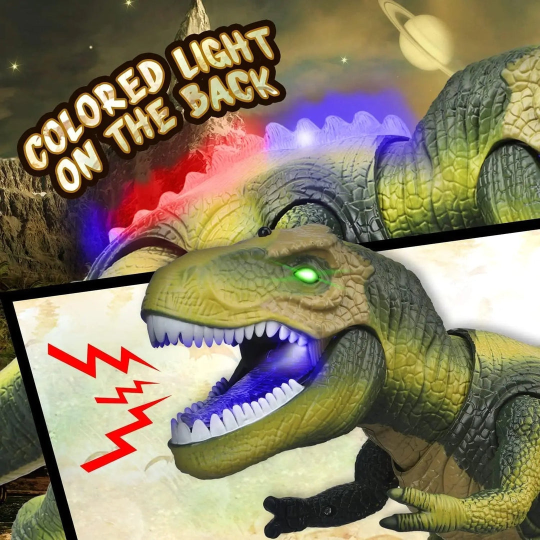 Detailed walking RC T-Rex dinosaur with vibrant light-up eyes and fierce roaring sounds. Engaging toy for young explorers.