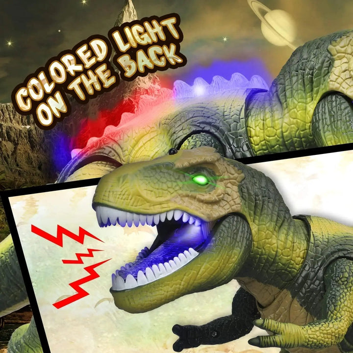 Detailed walking RC T-Rex dinosaur with vibrant light-up eyes and fierce roaring sounds. Engaging toy for young explorers.