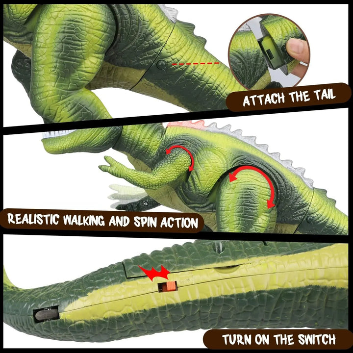 Interactive remote control dinosaur toy; a roaring, walking T-Rex with bright lights, ideal for kids' imaginative play.