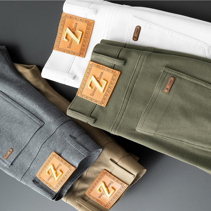Close-up of men's tailored vault jeans, showcasing the fabric texture and tailored fit details.