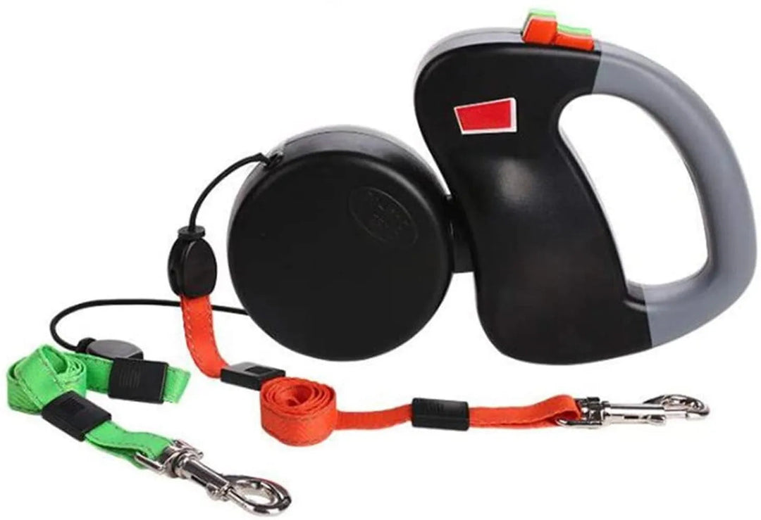 Ret retractable double dog leash with reflective lines, ergonomic handle, dual dog walking solution.