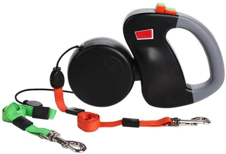 Ret retractable double dog leash with reflective lines, ergonomic handle, dual dog walking solution.