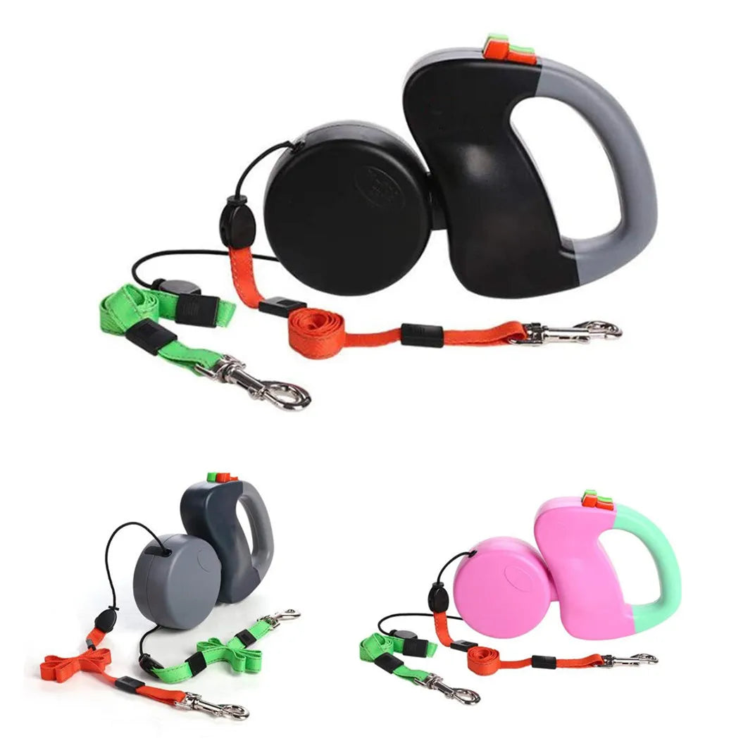 Dual retractable dog leash with reflective stitching and nylon straps for safe pet walking at night.