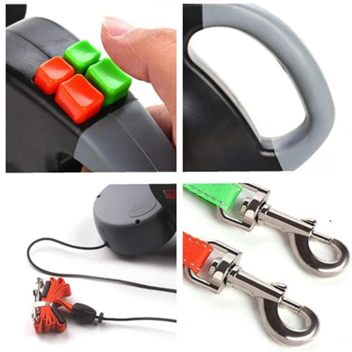 Heavy-duty retractable double dog leash with comfortable ergonomic handle for two dogs.