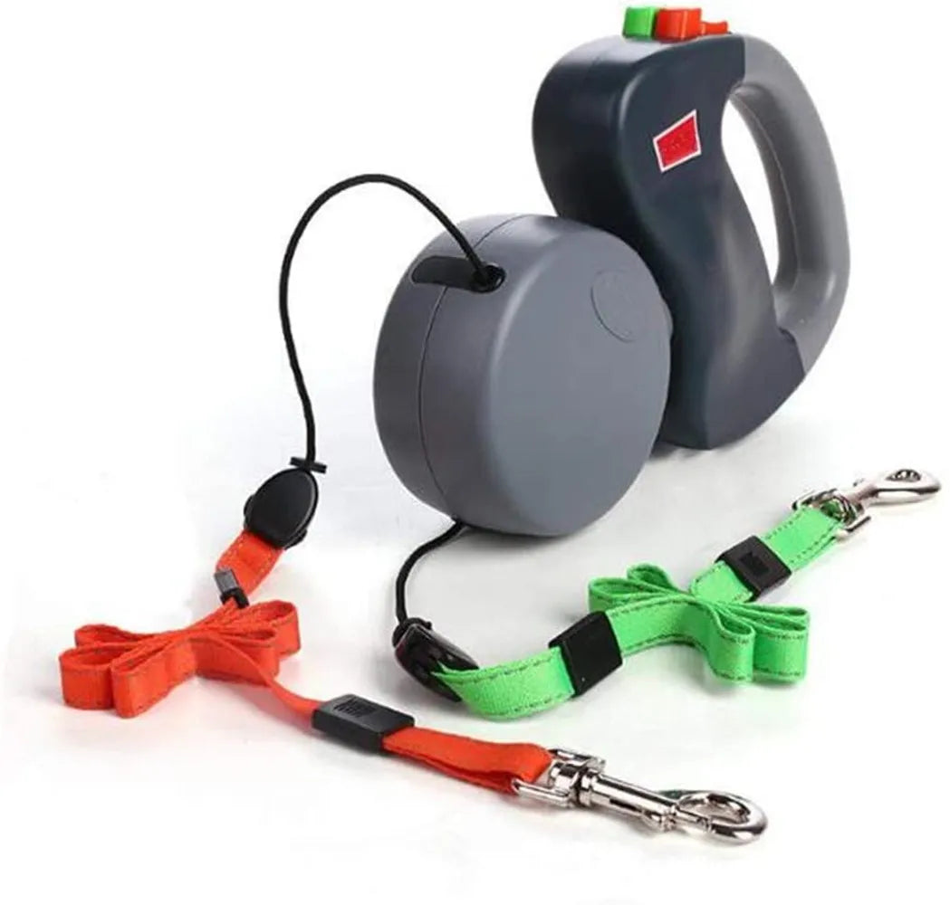 Retractable double dog leash, durable nylon with reflective lines and ergonomic grip for pet comfort.