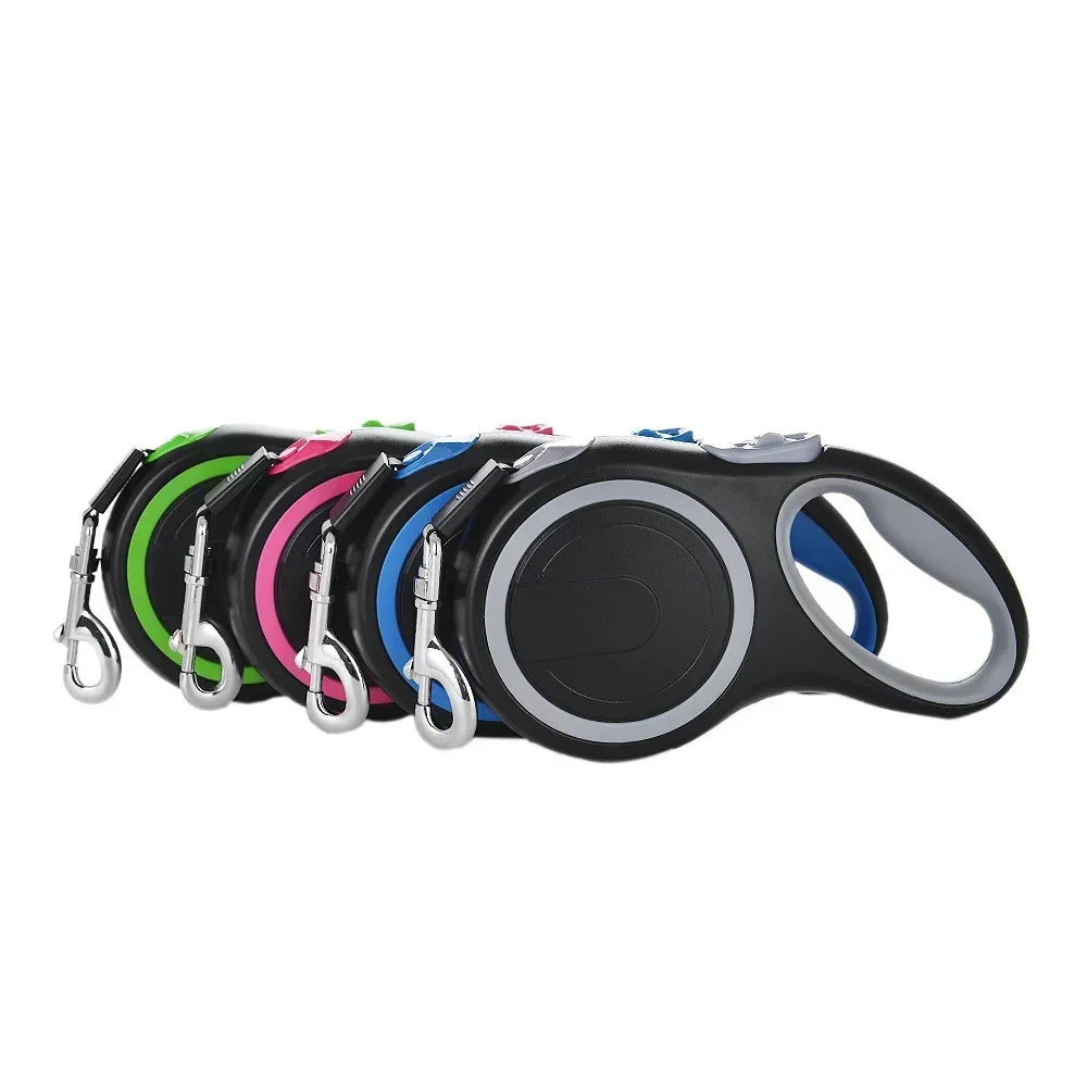 Nylon retractable dog leash with an ergonomic comfortable grip for pet owners.