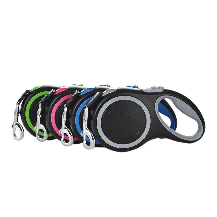 Nylon retractable dog leash with an ergonomic comfortable grip for pet owners.