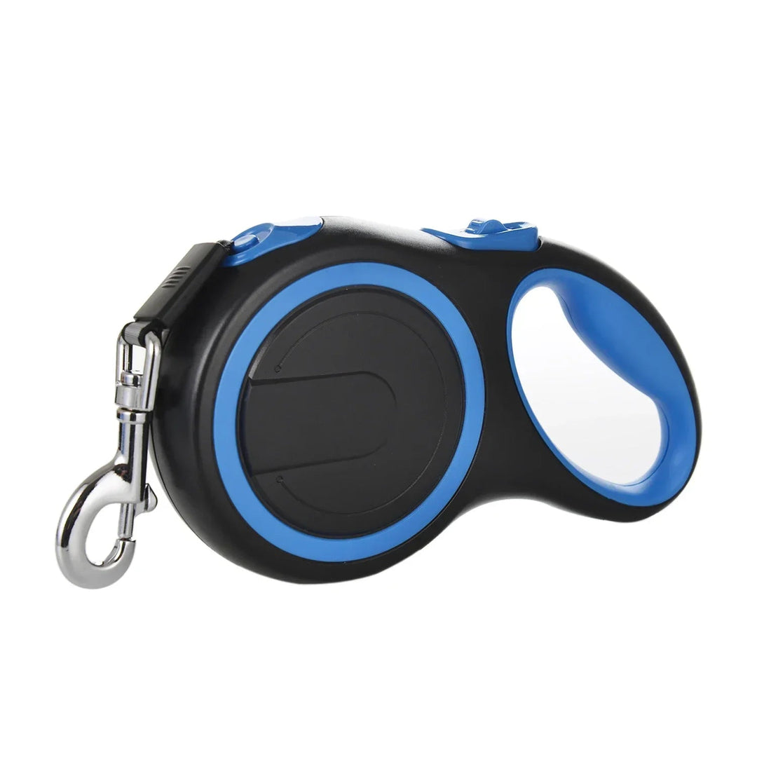 Dog owner holding an adjustable retractable dog leash during a pet walk.