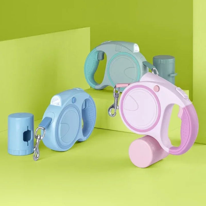 Dog walking safety: Retractable pet leash featuring a bright LED light and built-in poop bag dispenser.