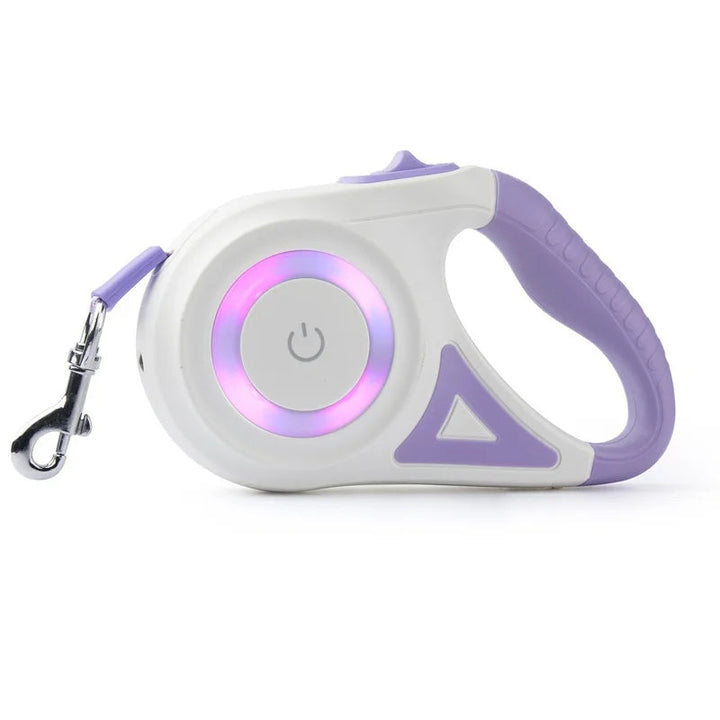 Retractable dog leash with LED flashlight for night walks, ergonomic grip, and tangle-free design.